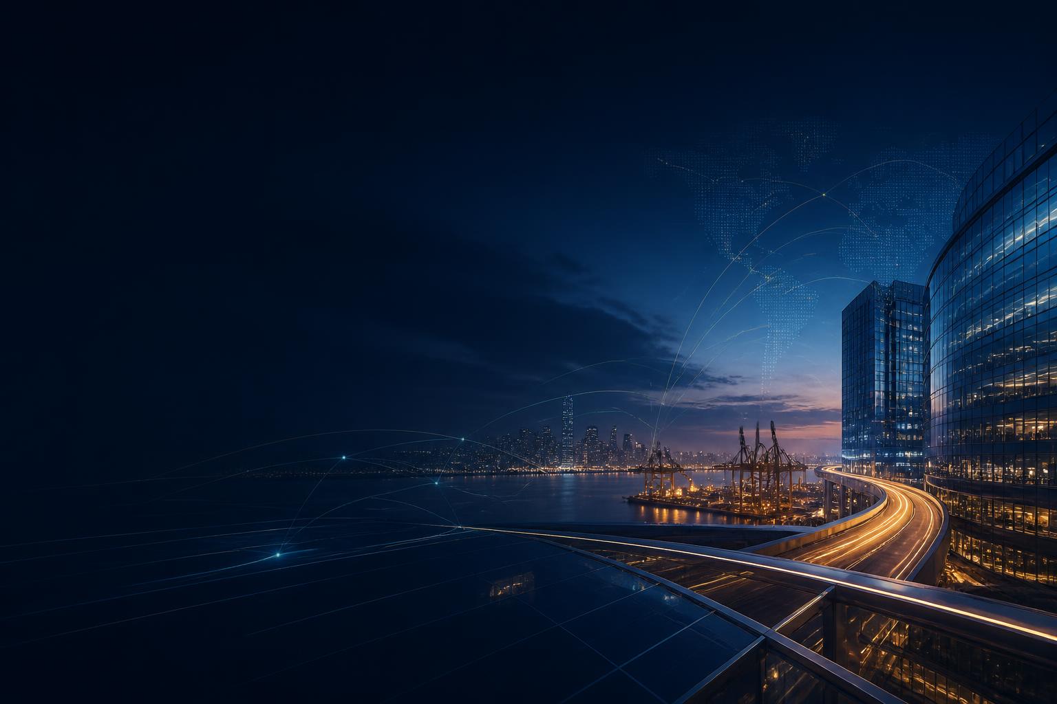 Modern corporate towers, infrastructure and global supply chain network lines at blue hour